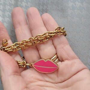 YSL Yves Saint Laurent Gold Pink Lips Zip Pull Pendant Chain Necklace Upcycled